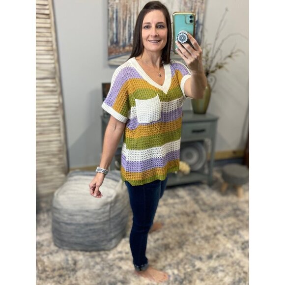 🎭Mardi Gras Deep V Neck Loose Striped Sweater Shirt Purple Green & Gold 5021 - Picture 8 of 8